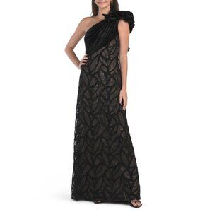 TADASHI SHOJI Black/Nude One Shoulder Rosette Gown With Lace Skirt